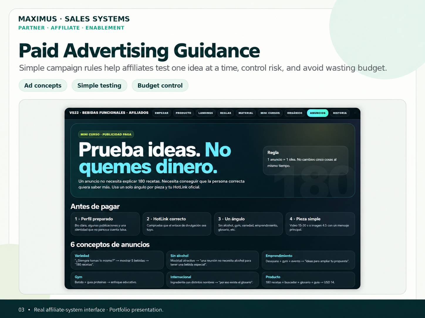 Guía de publicidad pagada con reglas de prueba y control de presupuesto.