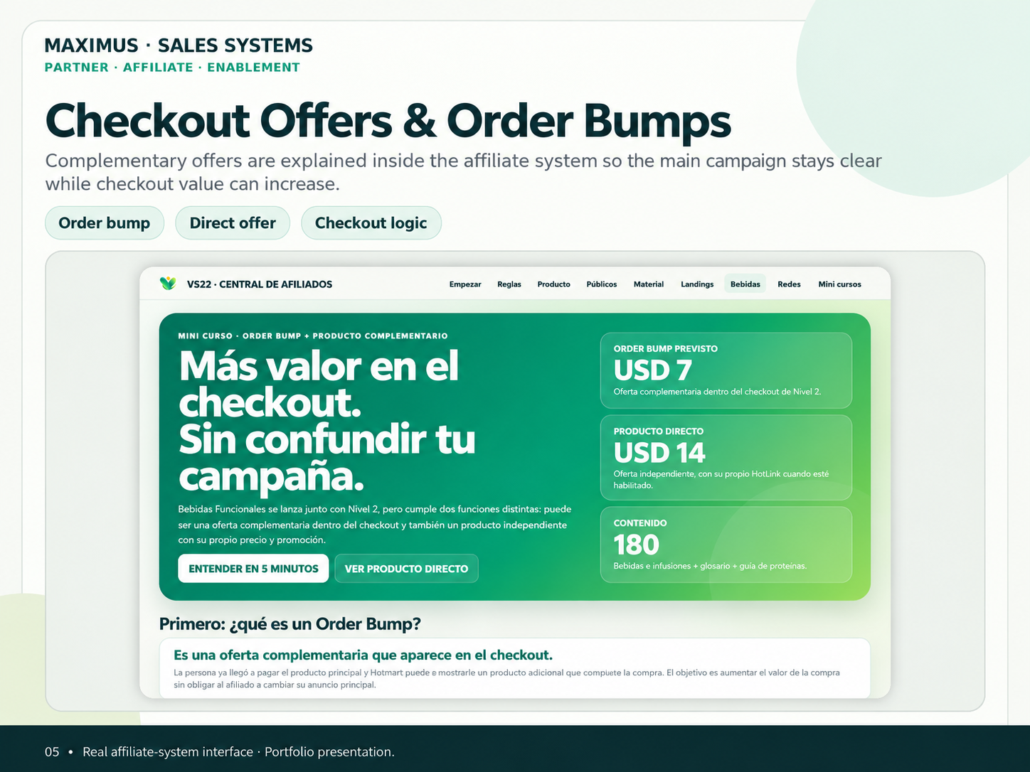 Lógica de checkout, ofertas complementarias y order bumps.