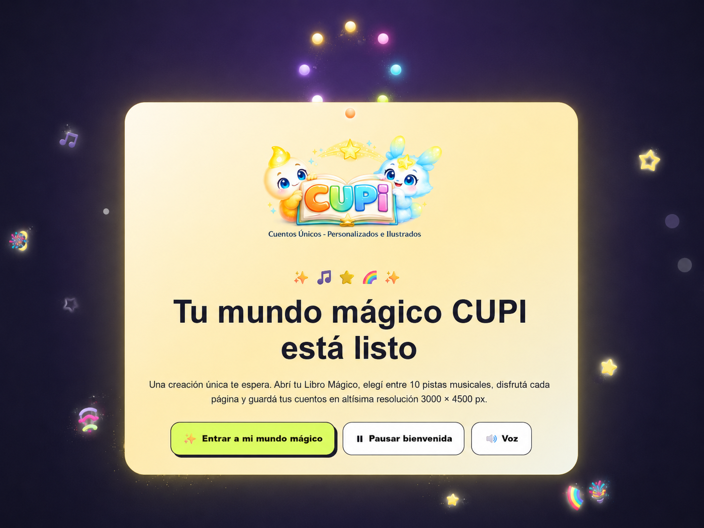 Pantalla de bienvenida y acceso al mundo CUPI.