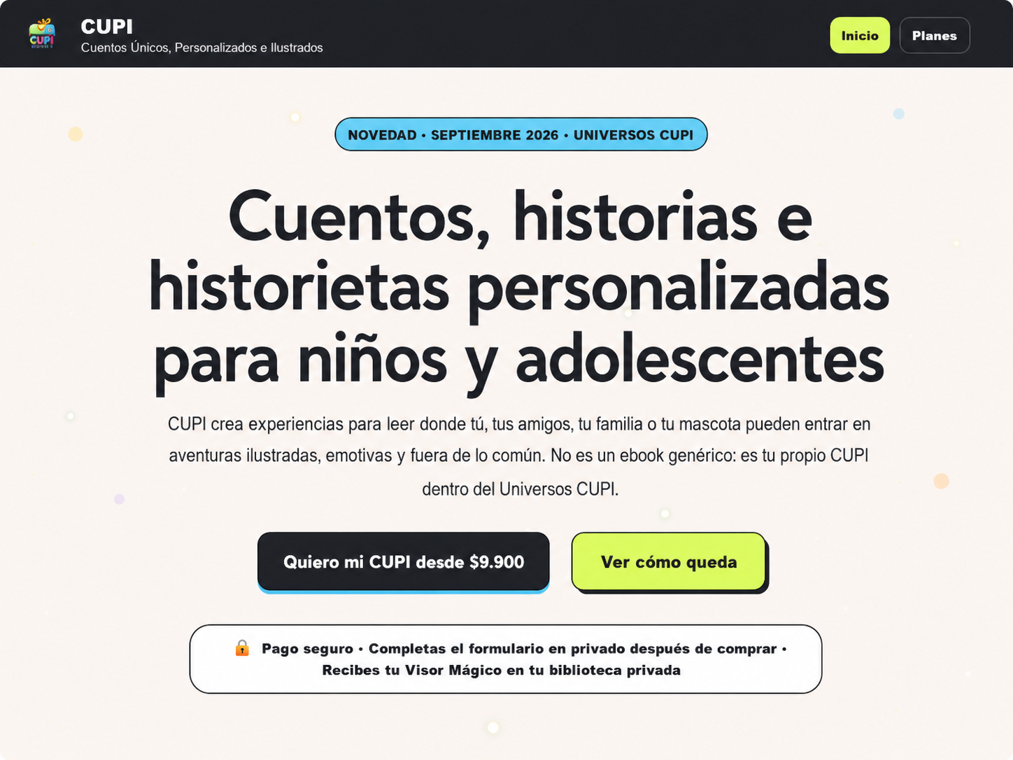 Landing comercial con propuesta de cuentos personalizados.
