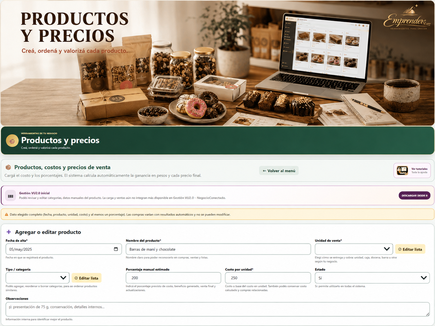 Módulo de productos, costos y precios.